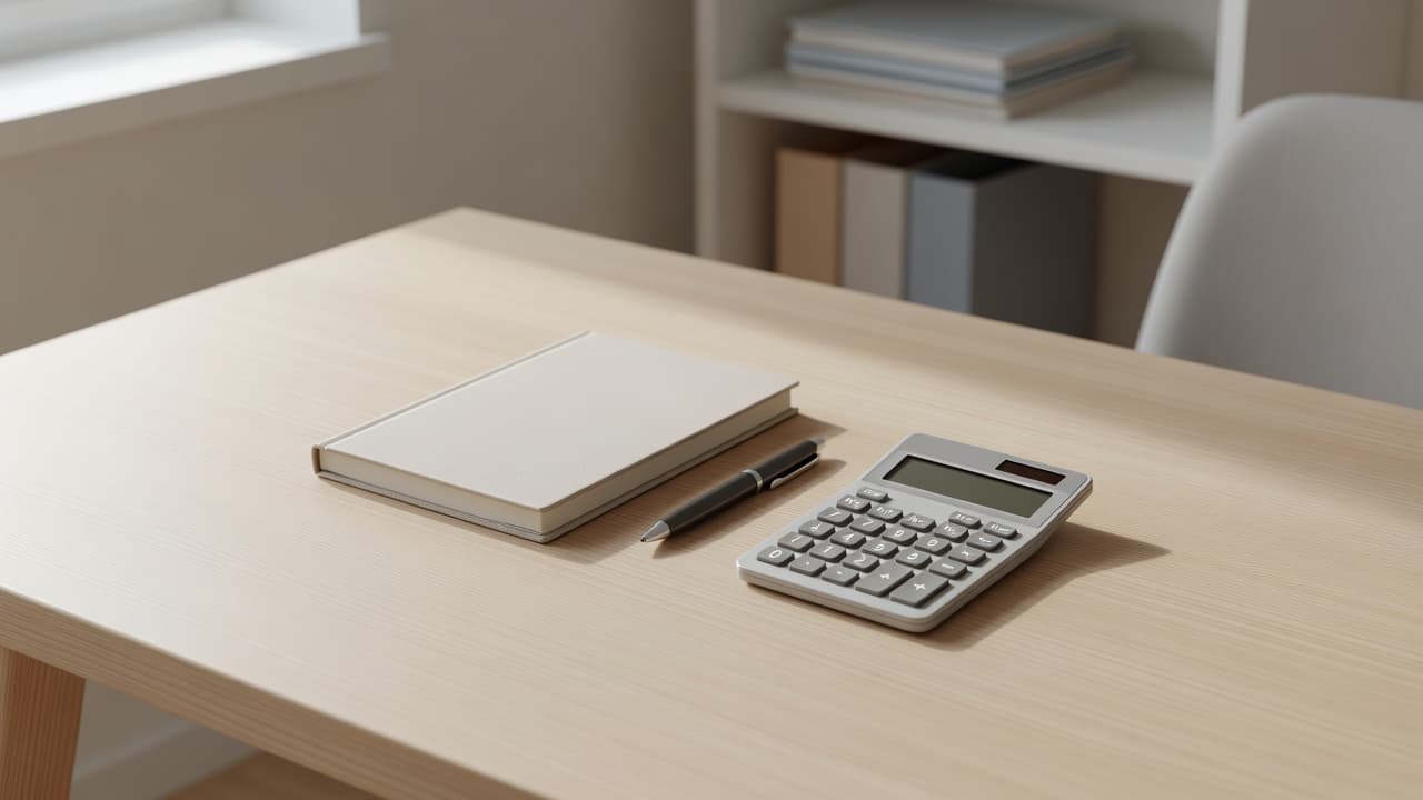 A clean wooden desk holds a spiral notebook, a sleek ballpoint pen, and a basic electronic calculator. Soft morning light spills across the surface, highlighting the minimalist and orderly setup.