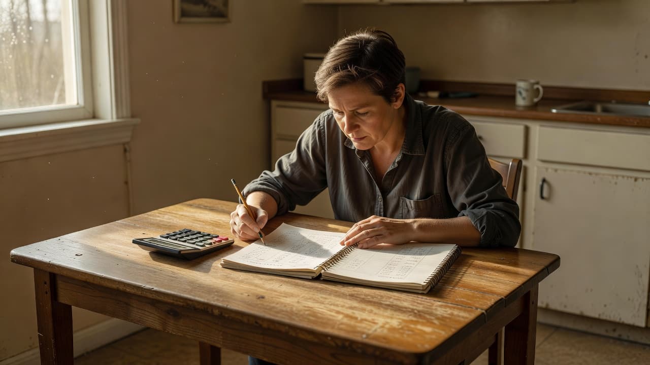 A focused person sits at a rustic wooden table reviewing financial notes and a calculator. Soft morning sunlight streams through a nearby window, illuminating the simple and organized home workspace.