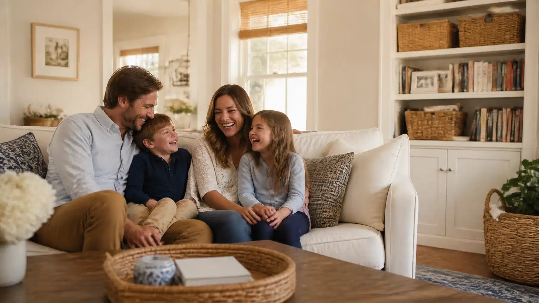 A family of four, two adults and two children, sit closely together on a white couch in a cozy living room, smiling and laughing with each other. Shelves and a basket are visible in the background.