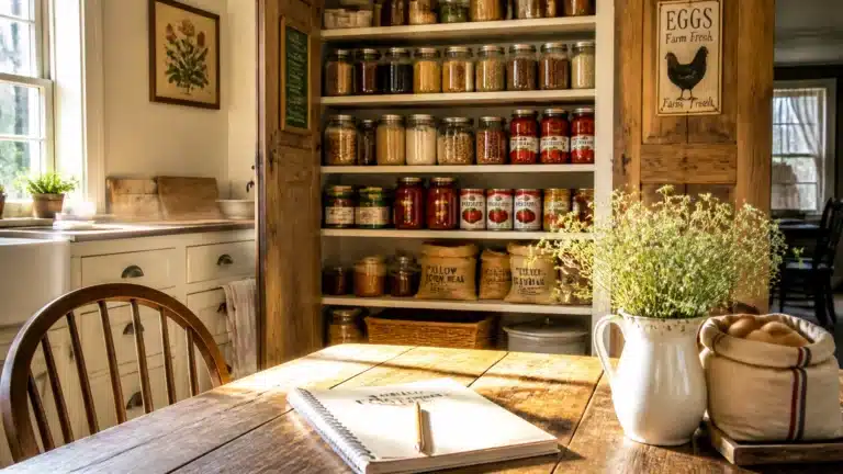 A cozy kitchen scene with sunlight streaming in, showing a wooden table, a spiral notebook, a pitcher with herbs, and an open pantry filled with jars of preserved food, spices, and canned goods.