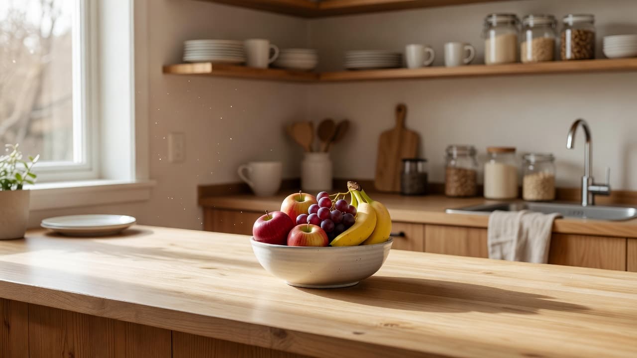 A ceramic bowl overflowing with ripe apples and pears rests on a marble countertop. Soft morning light streams across the clean workspace, highlighting the serene and cozy atmosphere of home.