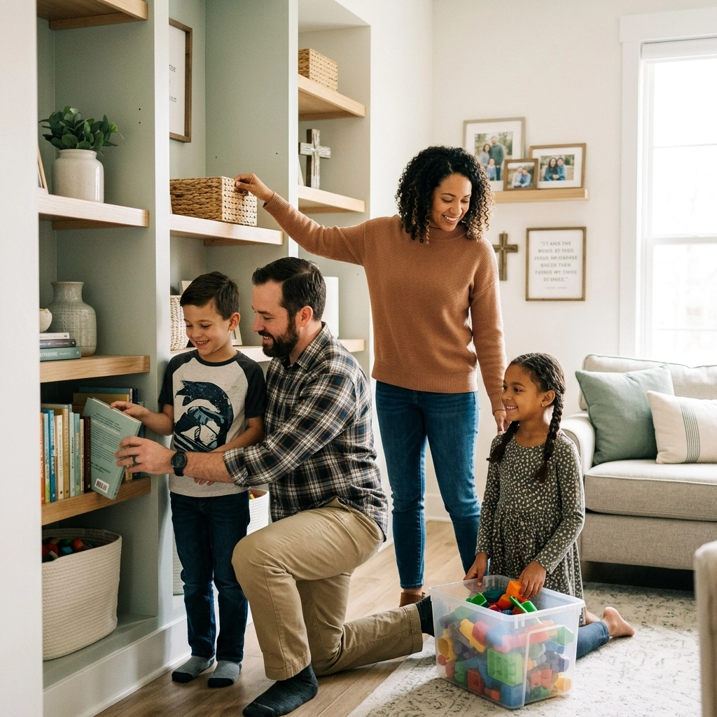 A family of four tidies up their living room together. The father and son arrange books on a shelf, the mother places a basket on a higher shelf, and the daughter holds a plastic bin filled with colorful toys.