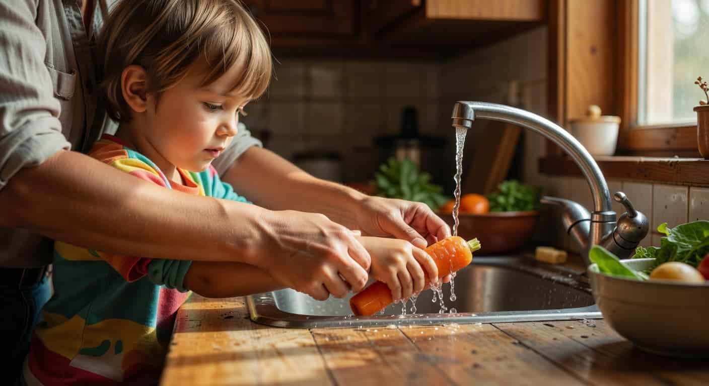An adult hand guides a small child's fingers while they peel a fresh carrot on a wooden countertop. Warm sunlight streams into the kitchen, highlighting the collaborative household chore in progress.