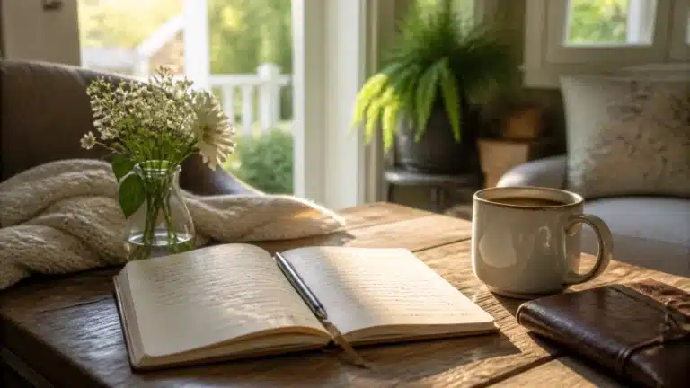 An open journal, pen, and mug of coffee sit on a wooden table with a vase of flowers, a closed notebook, and a cozy blanket nearby. Sunlight streams through a window, illuminating plants and creating a warm, inviting atmosphere.