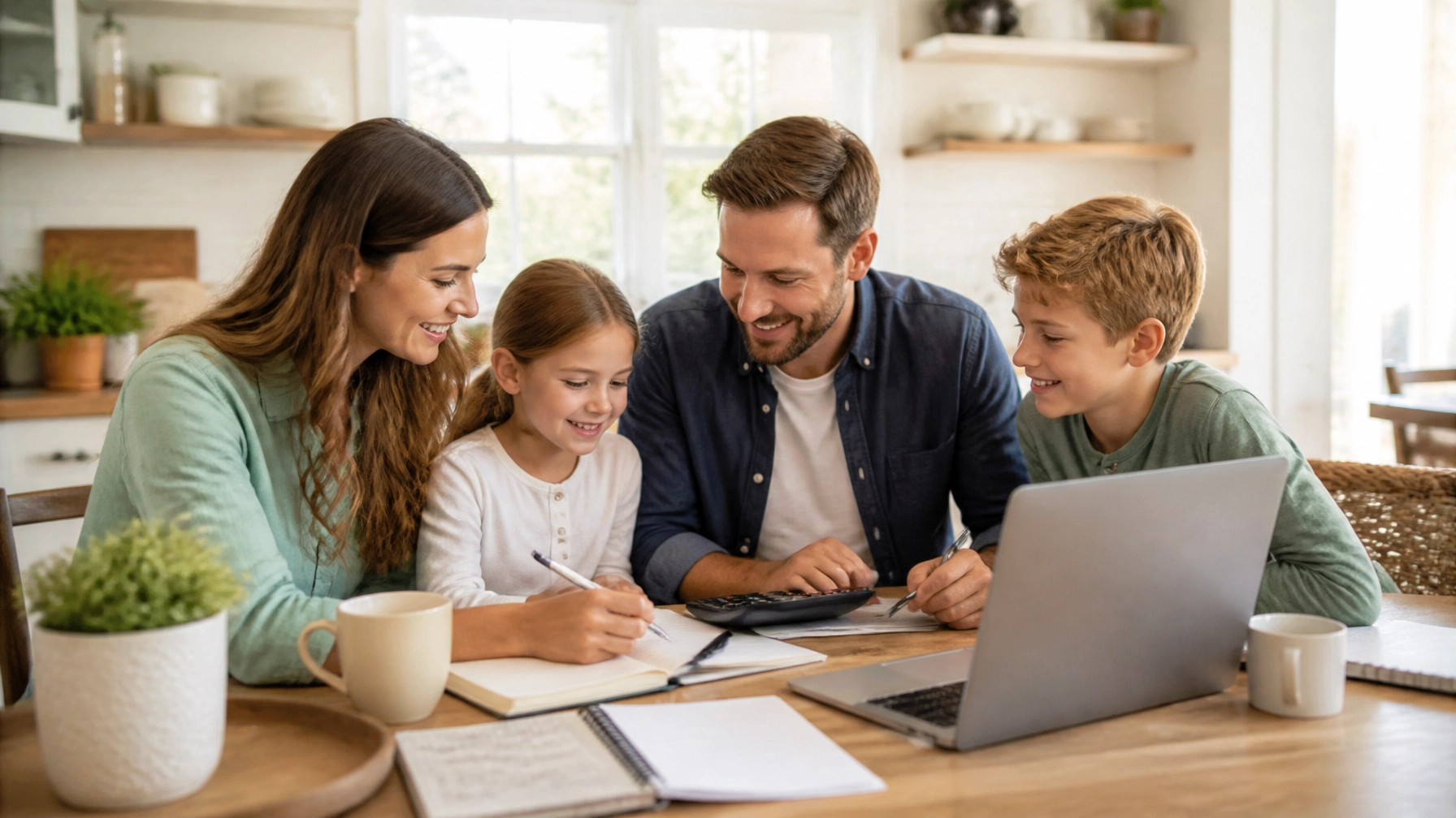 A smiling family of four sits at a table with a laptop and notebooks, working together in a bright, cozy room. The parents and two children appear engaged and happy while writing and looking at the screen.