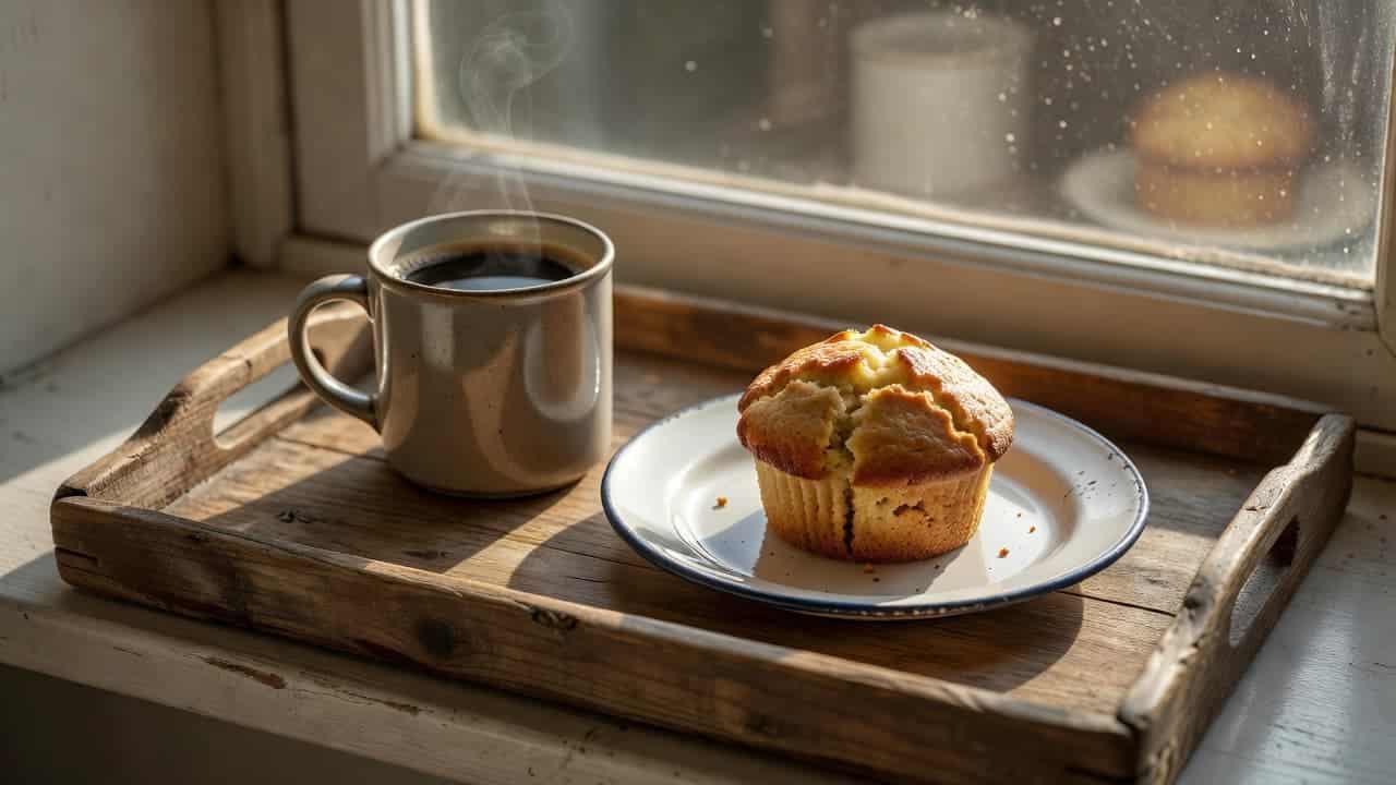 A close-up view displays a textured wooden tray holding a steaming cup of dark coffee and a freshly baked muffin on a small ceramic plate, illuminated by soft golden morning light.