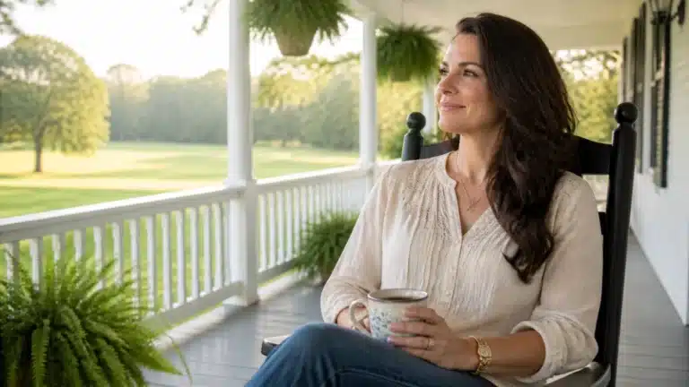 A woman with long brown hair sits on a porch in a rocking chair, holding a mug and smiling. She wears a light blouse and jeans, with green ferns and a scenic lawn in the background.