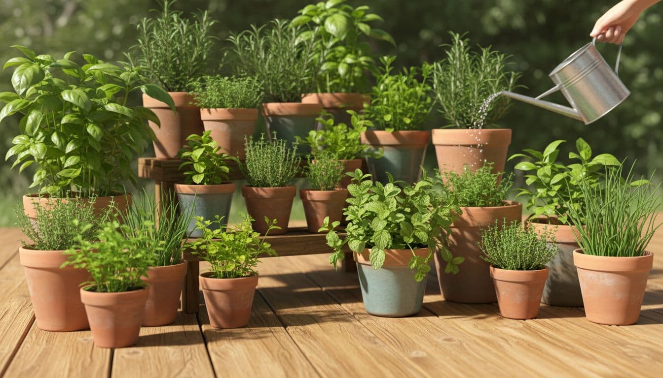 Vibrant green herbs like basil and rosemary thrive in rustic clay pots on a sun-drenched wooden deck. A person gently waters the plants using a small, polished metal watering can.