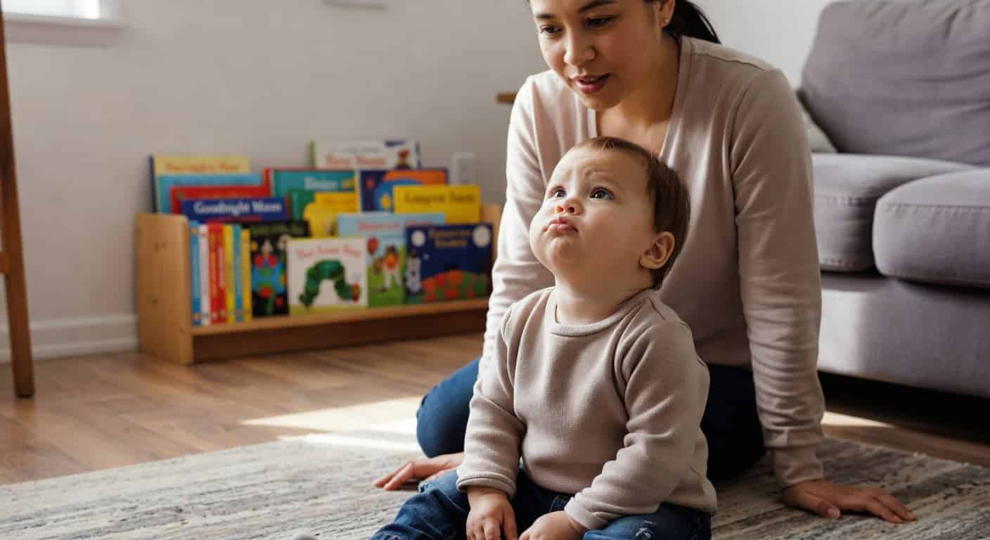 A small toddler sits on a carpeted living room floor, gazing upward at a standing parent. The child wears a determined expression, showcasing a classic moment of testing personal independence.
