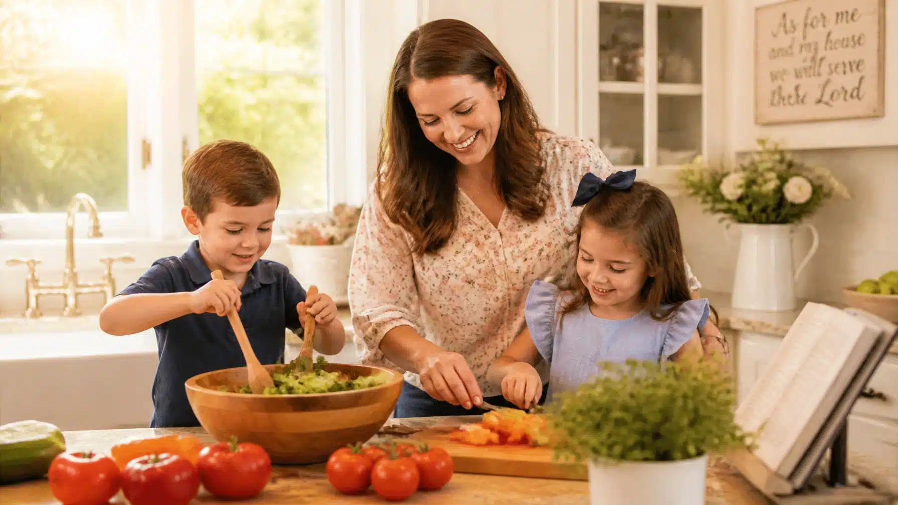 A woman and two young children happily prepare food together in a bright kitchen, chopping vegetables and mixing a salad with fresh produce on the counter.