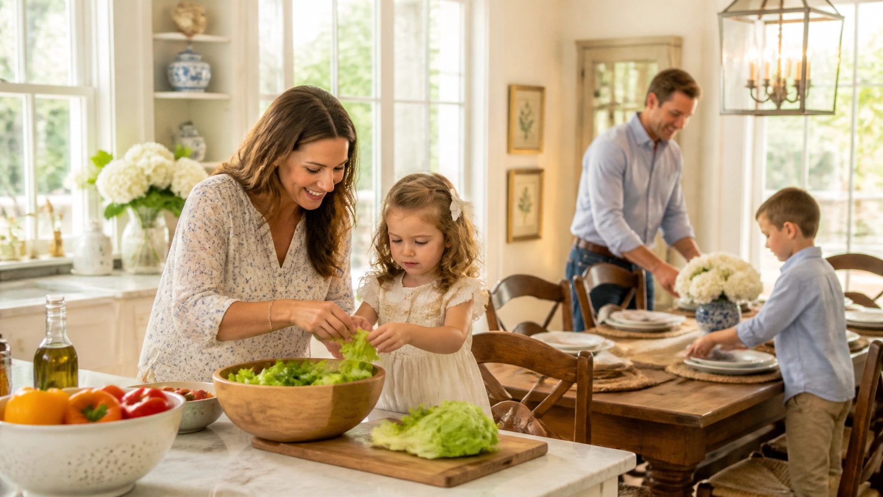 A woman and young girl prepare salad in a bright kitchen while a man and young boy set the dining table in the background. The scene is warm and cheerful.