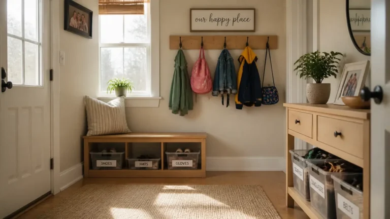Bright entryway with a bench, cubbies labeled “shoes,” “hats,” and “gloves,” hooks holding coats and bags, potted plants, a window with sunlight, and a sign reading “our happy place” on the wall.