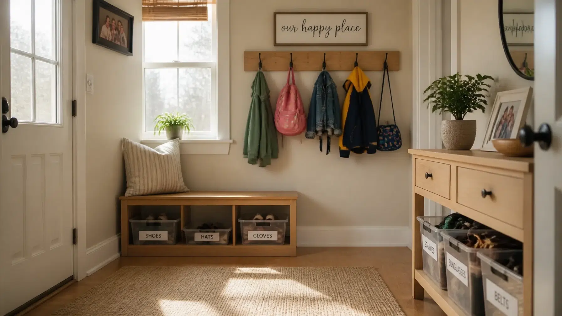 Bright entryway with a bench, cubbies labeled “shoes,” “hats,” and “gloves,” hooks holding coats and bags, potted plants, a window with sunlight, and a sign reading “our happy place” on the wall.