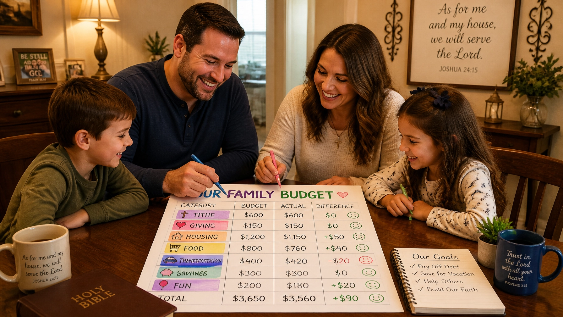 A happy family working on their budget together