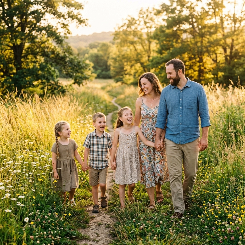 A traditional Christian family: mother, father, and three children: walking together through a sun-drenched meadow, representing the ultimate goal of building wealth.
