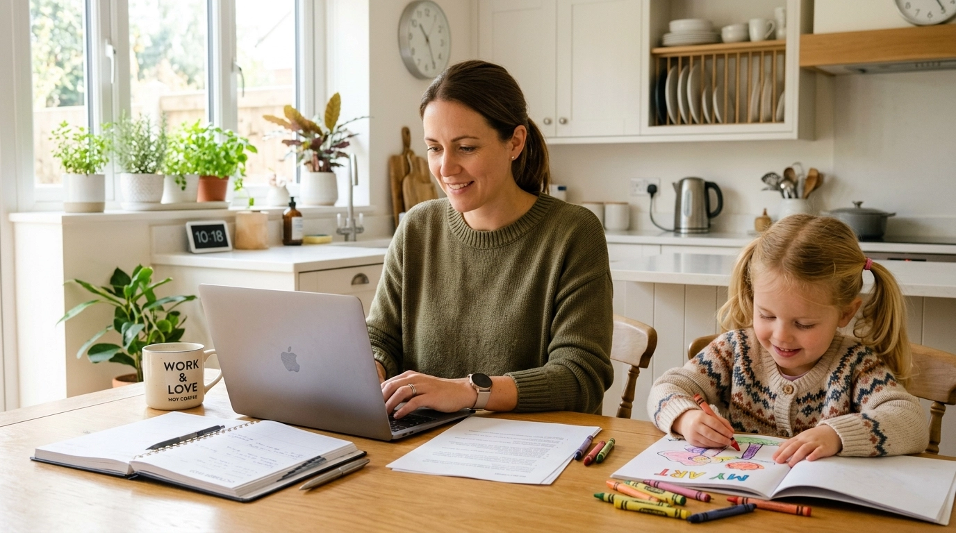 Single mom working efficiently at her kitchen table