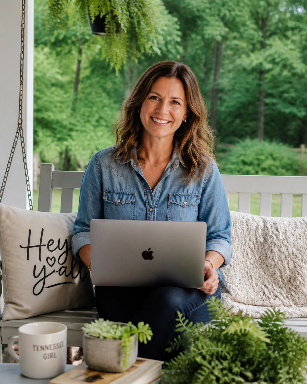 Sarah from Tennessee, smiling confidently on her porch with her laptop, showing the freedom of a side hustle.