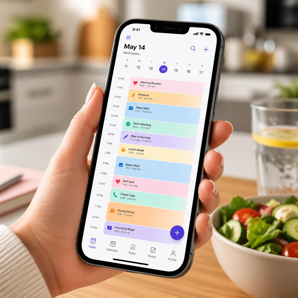 A close-up of a smartphone showing a beautifully organized digital calendar with color-coded time blocks for family and work.