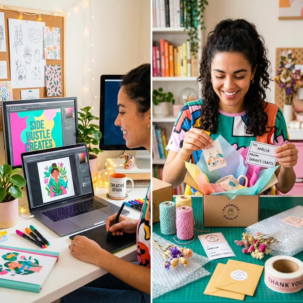 A woman working on a digital design on a laptop and packaging a small handmade craft, representing diverse side hustles.