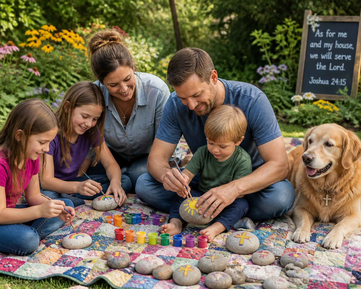 Parents and children sit on a backyard quilt painting rocks as part of a creative outdoor family craft.
