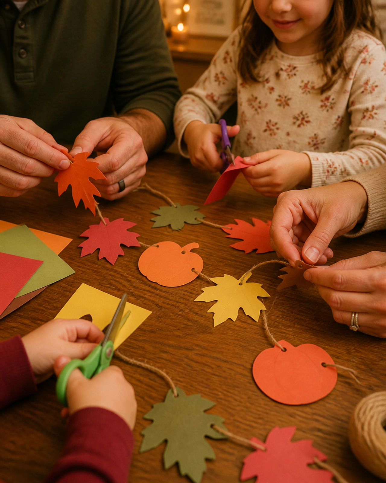 Close-up of a family working on a simple paper garland craft at a wooden table
