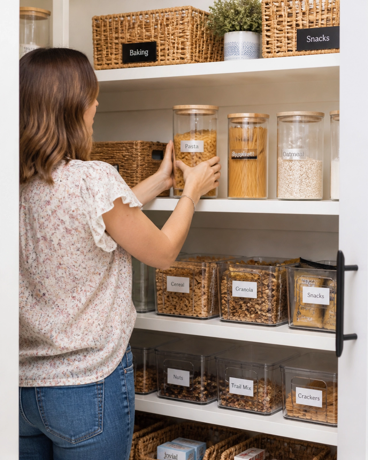 An organized pantry with clear bins and labels showing a functional kitchen reset