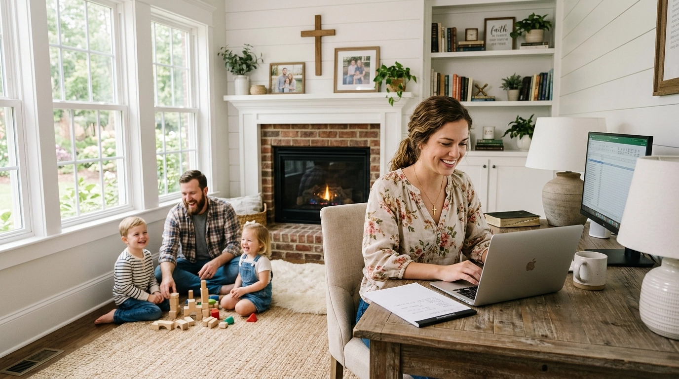 A woman works on a laptop at a desk while a man and two children play with blocks on the floor in a cozy living room with a fireplace.