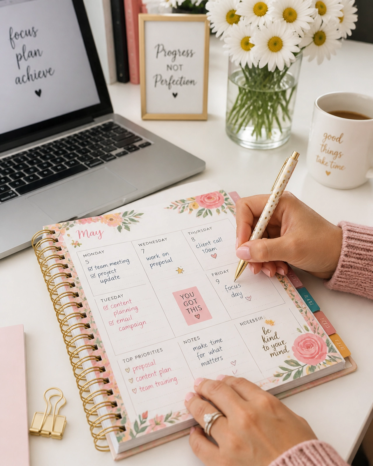 A close-up of a woman writing in a floral planner next to a laptop, showing organized personal development.