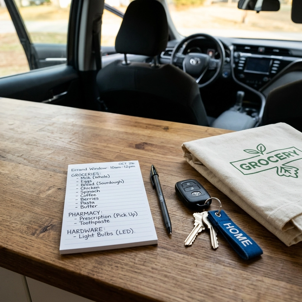 A close-up of a neatly written shopping list on a wooden counter next to a set of car keys and a reusable shopping bag.