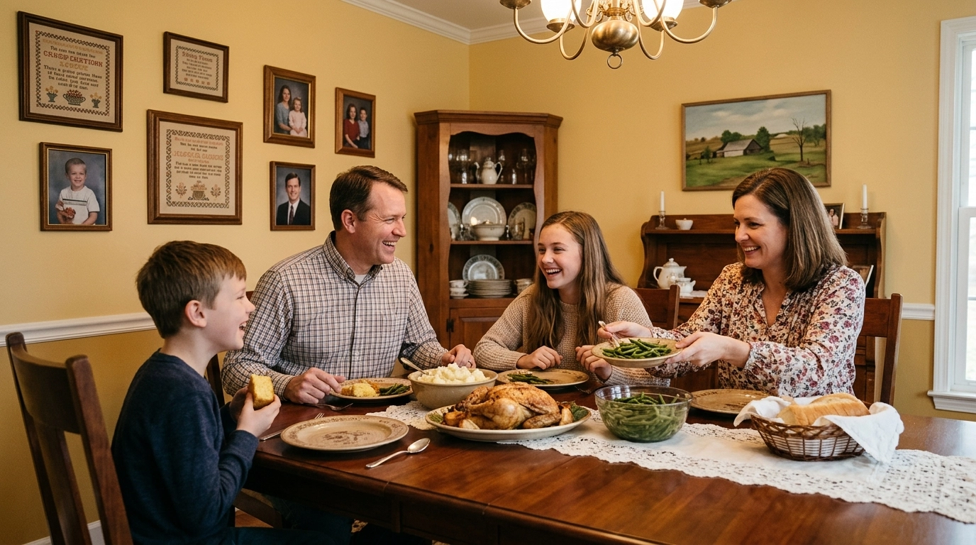 A traditional family enjoying a home-cooked dinner together without electronics.