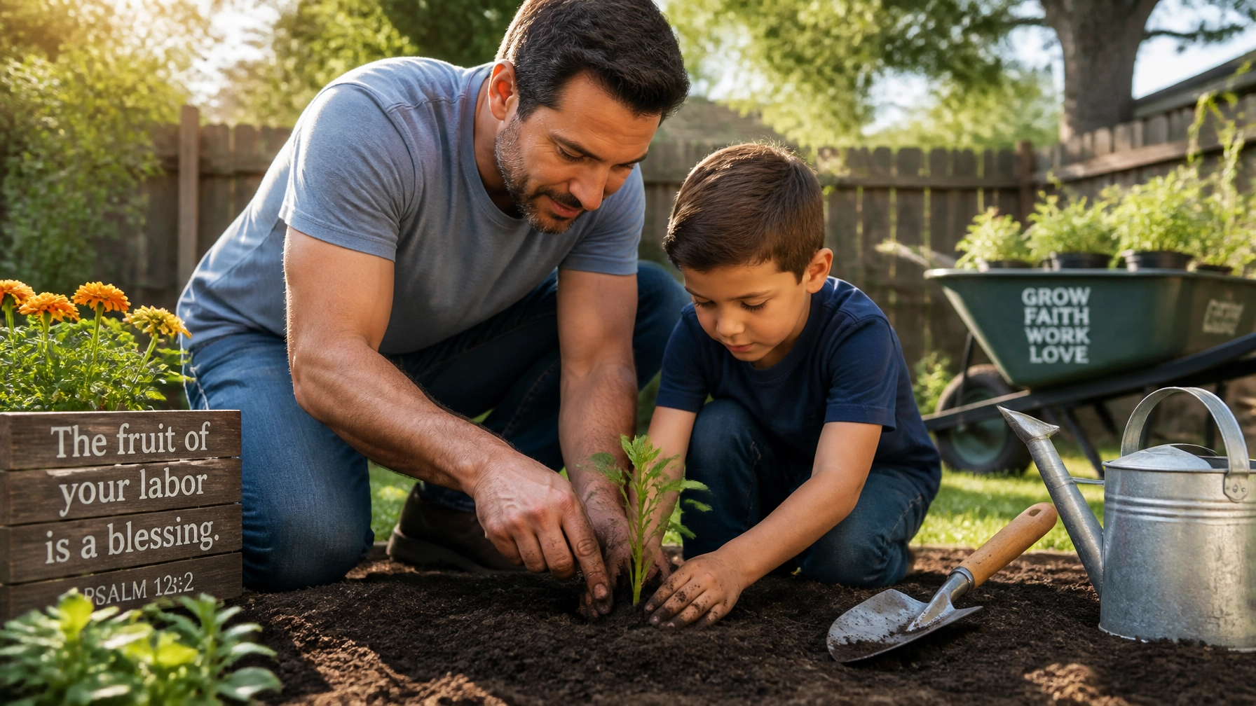 A father and son working in the garden together