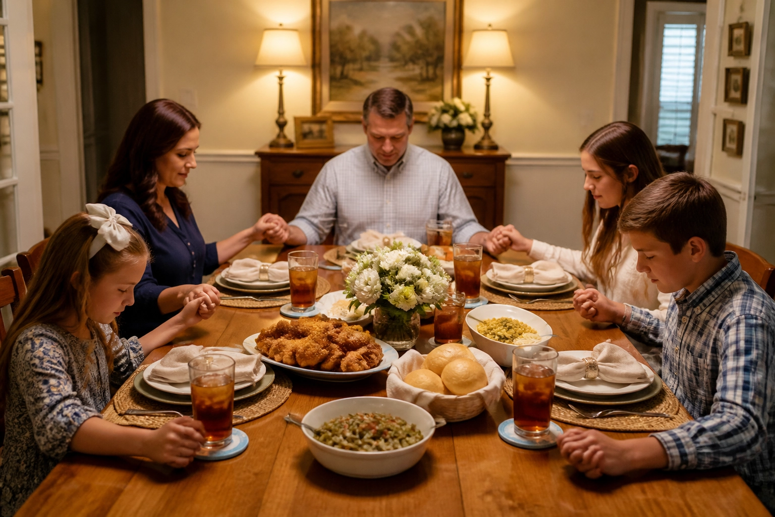 A traditional Christian family sitting around the dinner table holding hands for grace