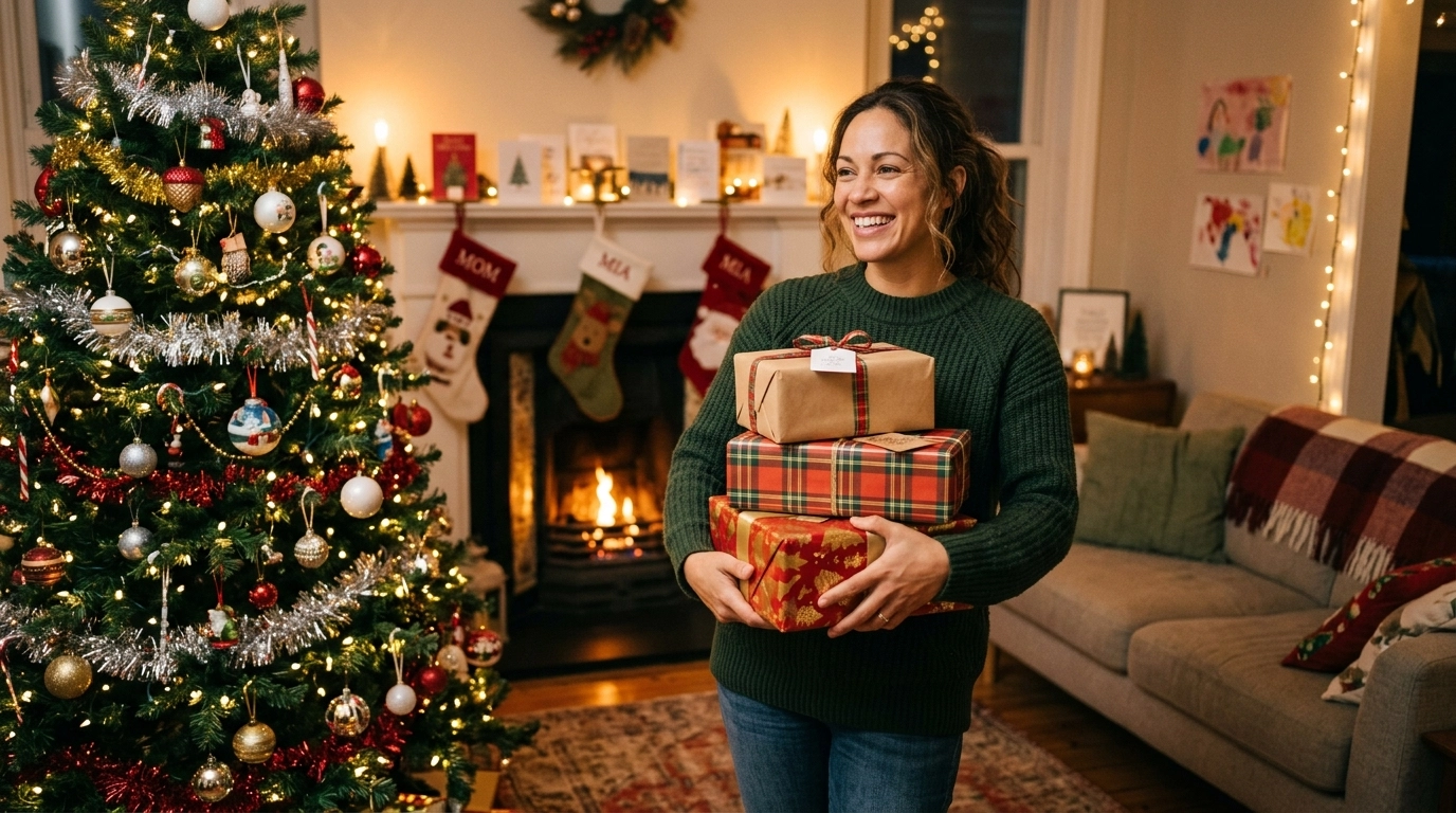 A relieved single mom holding wrapped gifts in a decorated room, smiling because she saved ahead.