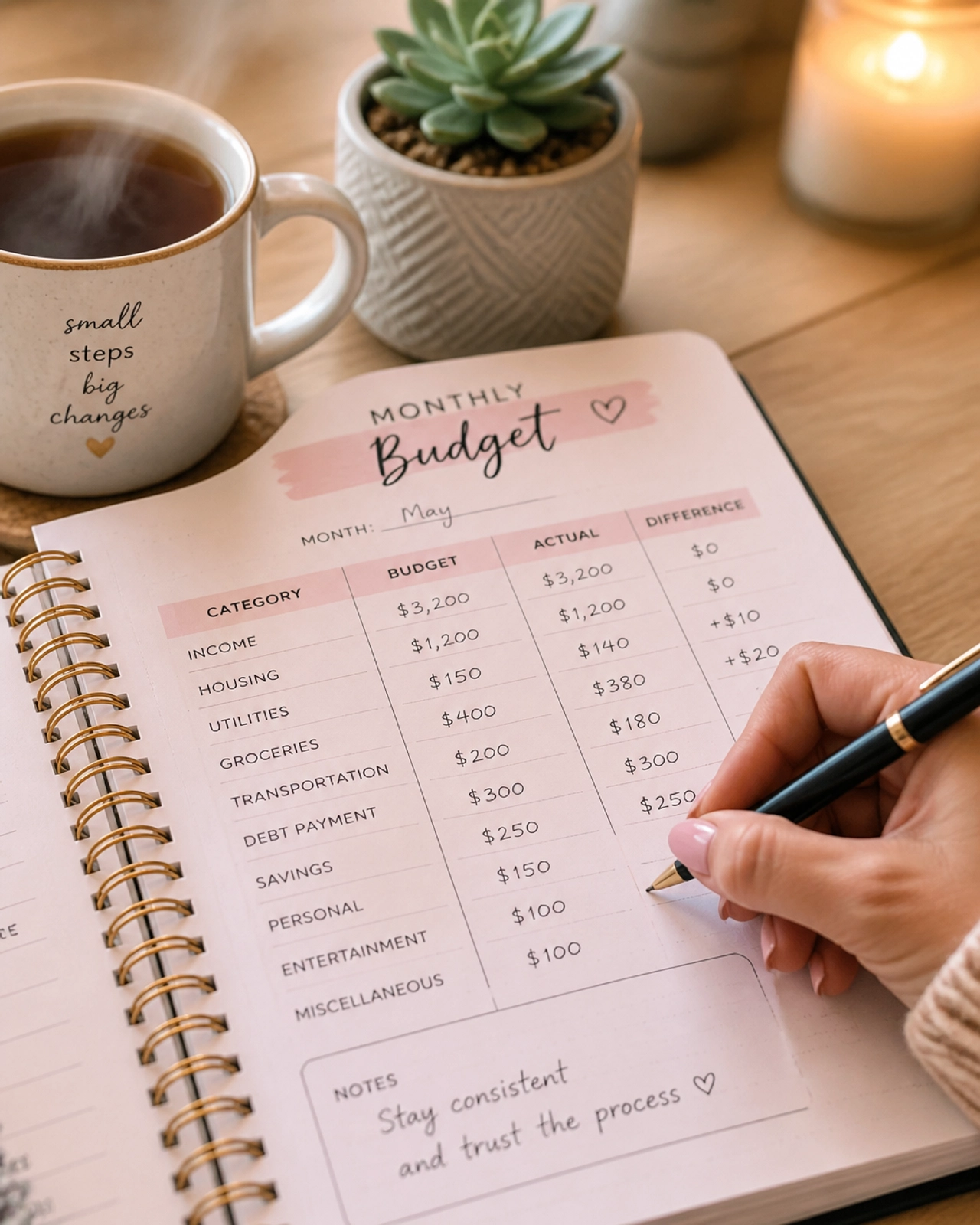 Close-up of a hand writing in a beautiful finance planner with a cup of tea.