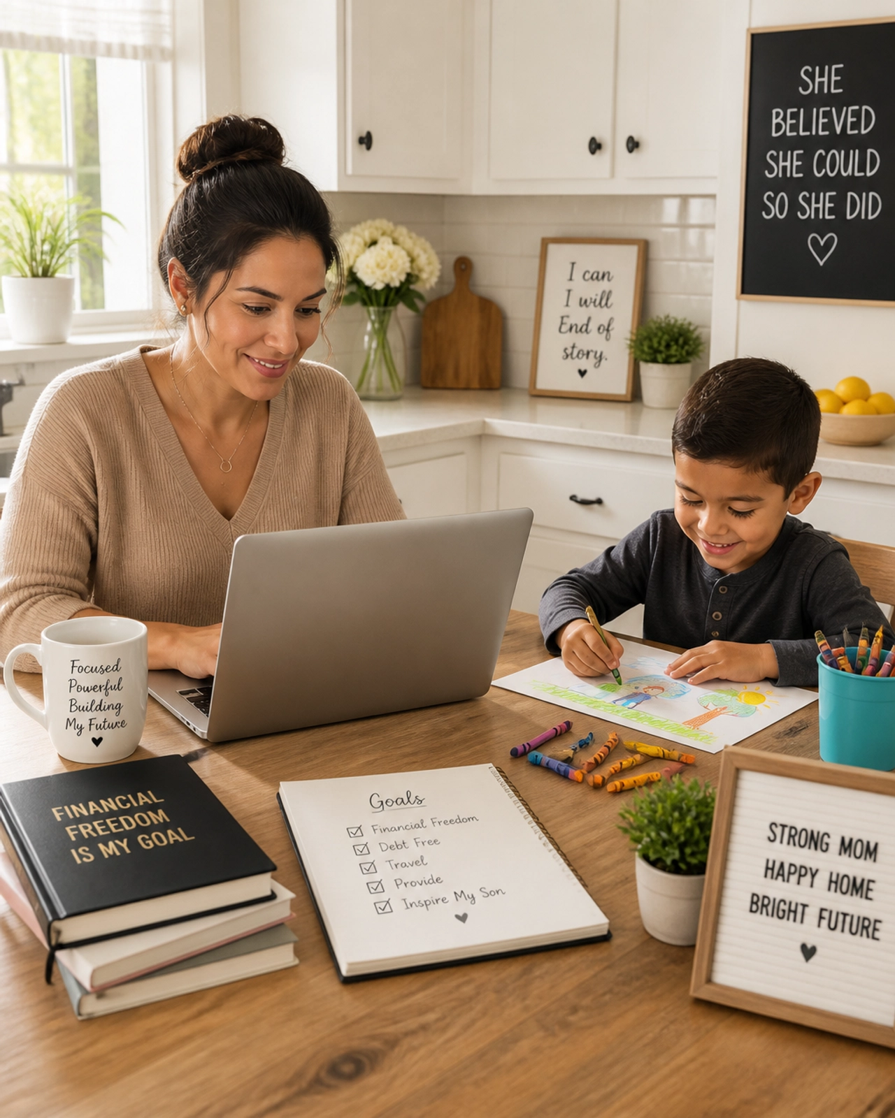 Empowered single mom working at a laptop with her child nearby