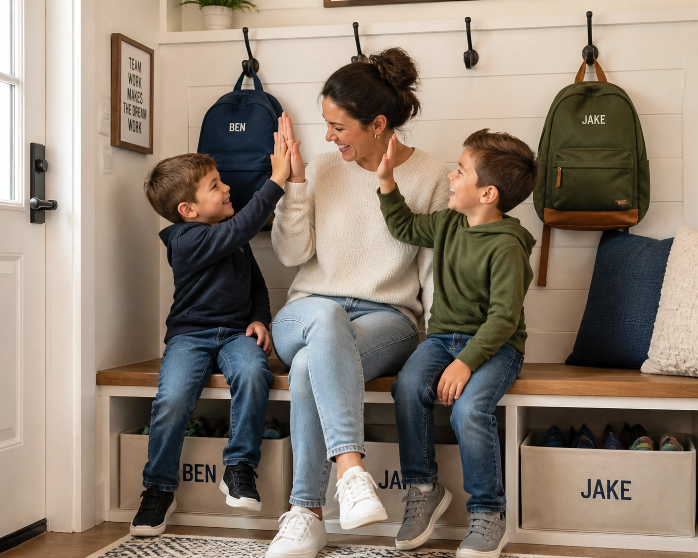 Family entryway drop zone featuring hooks and labeled bins for organized family activities.