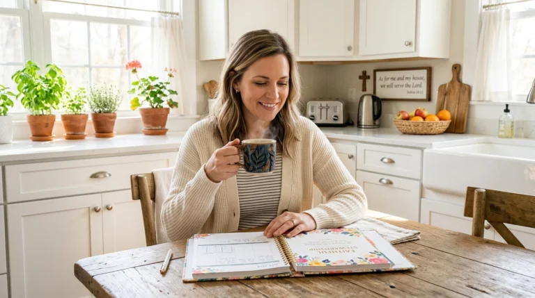 A woman sits at a wooden table in a bright kitchen, smiling while holding a mug and looking at an open planner decorated with colorful floral designs. Potted plants and fruit are visible in the background.