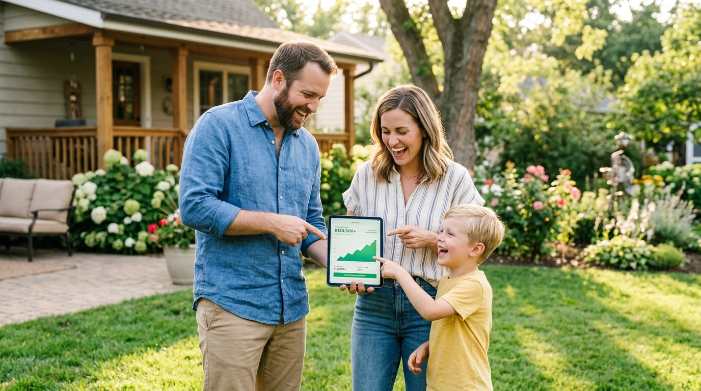 A family happily looking at a digital tablet together, feeling confident about their financial journey.