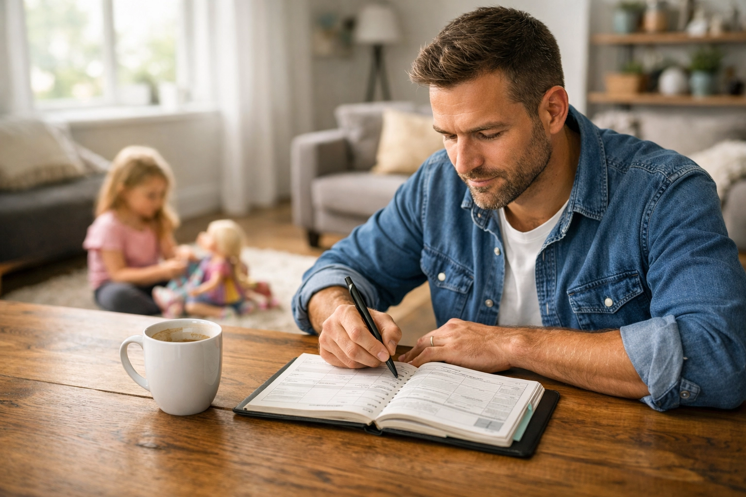 Father scheduling his day with a planner to learn how to be more productive through intentional time blocking.