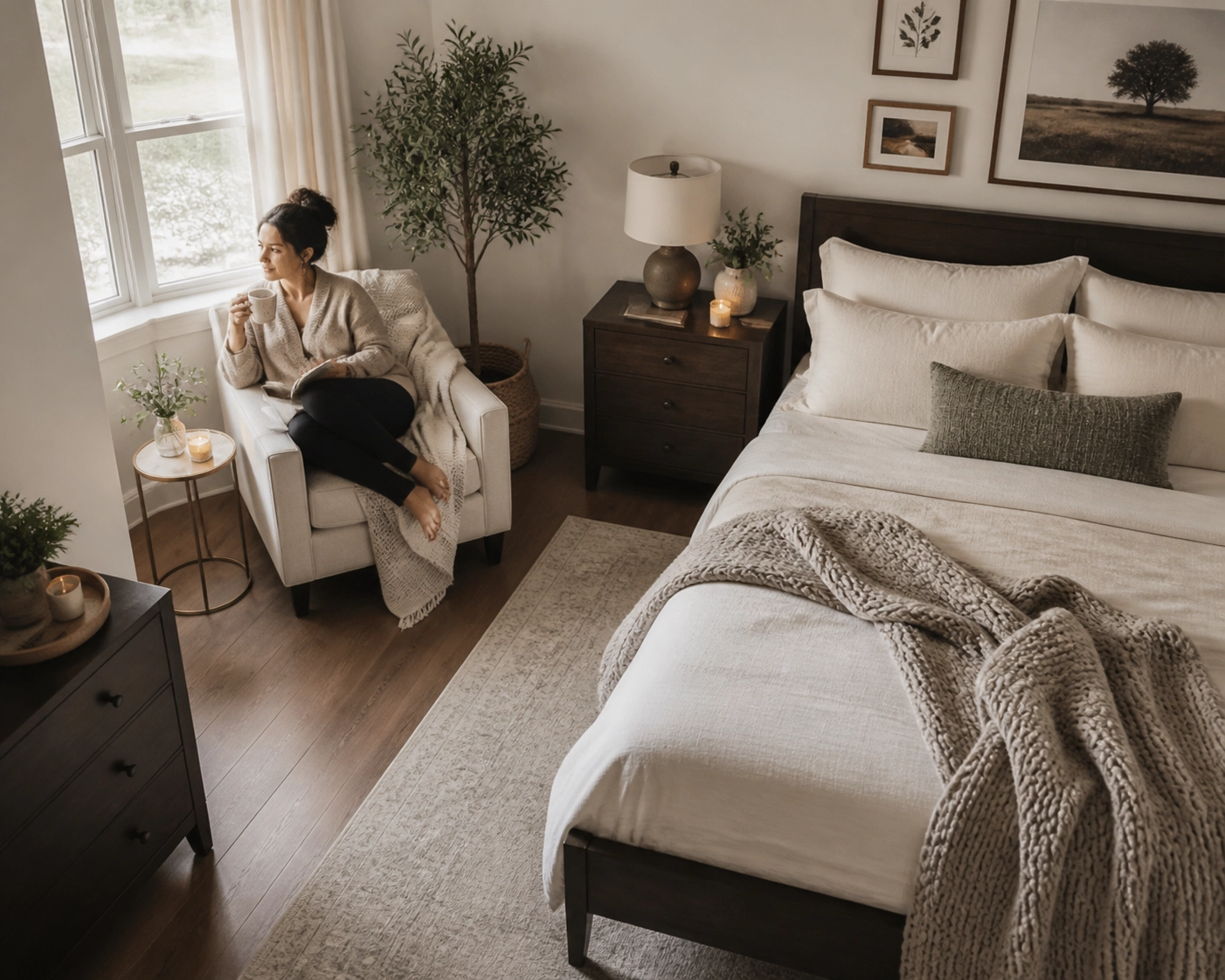 A calm, organized master bedroom providing a peaceful space for relaxing and self-care.