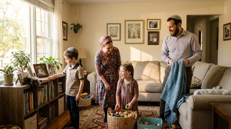A family of four smiles while tidying toys in a cozy living room. Sunlight streams through the window. The room has a sofa, bookshelves, framed photos, and baskets of colorful blocks on a patterned rug.
