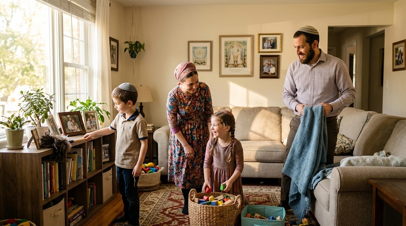 A family of four smiles while tidying toys in a cozy living room. Sunlight streams through the window. The room has a sofa, bookshelves, framed photos, and baskets of colorful blocks on a patterned rug.