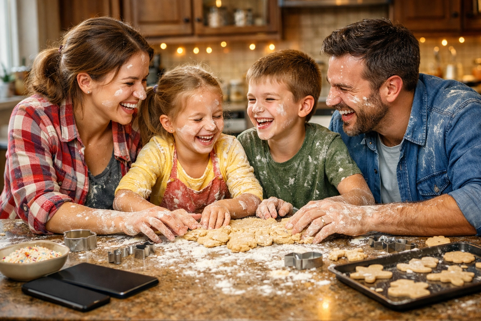 A happy family baking together without distractions, showing balanced living through effective time management tips.