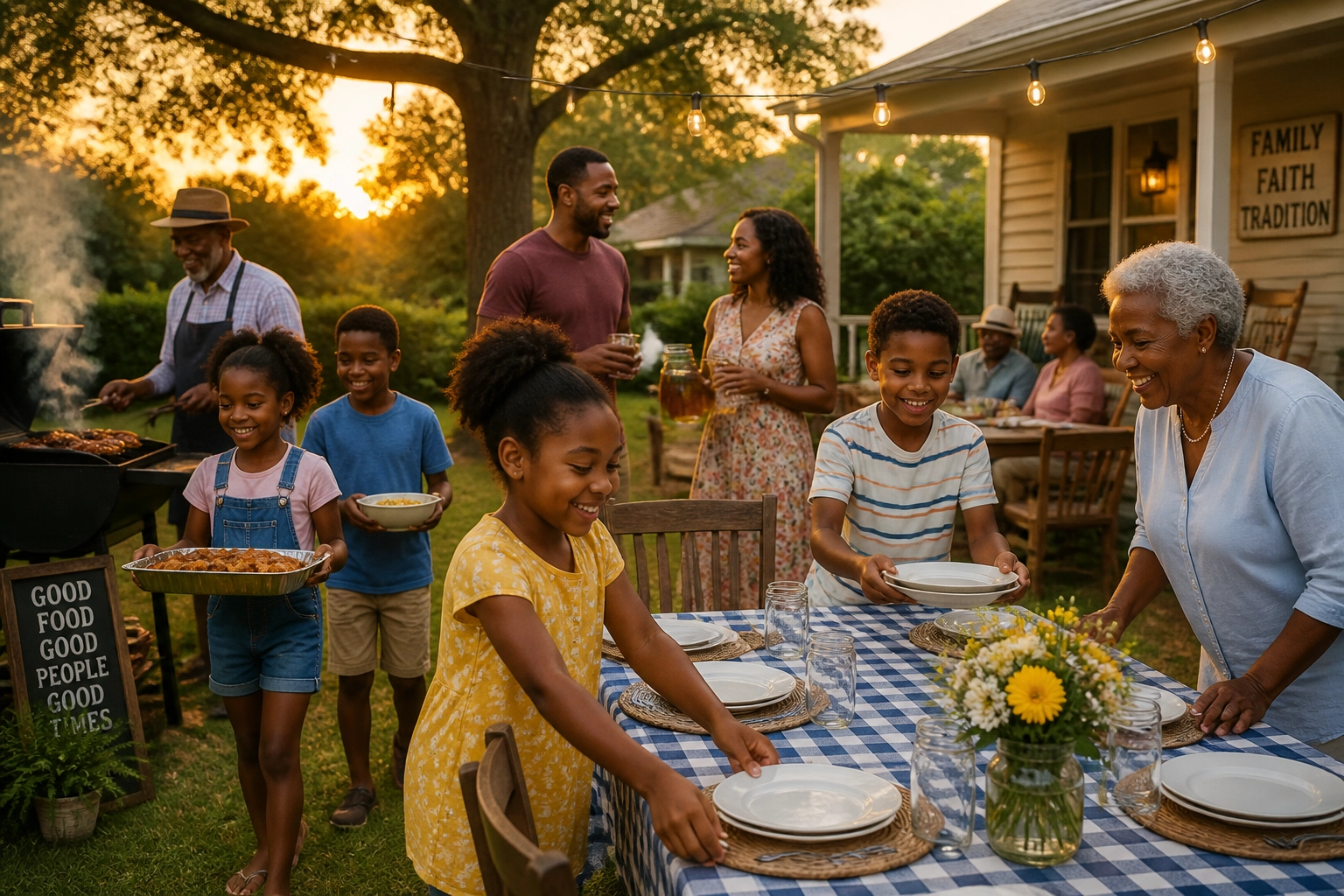 Multi-generational family gathering for a BBQ