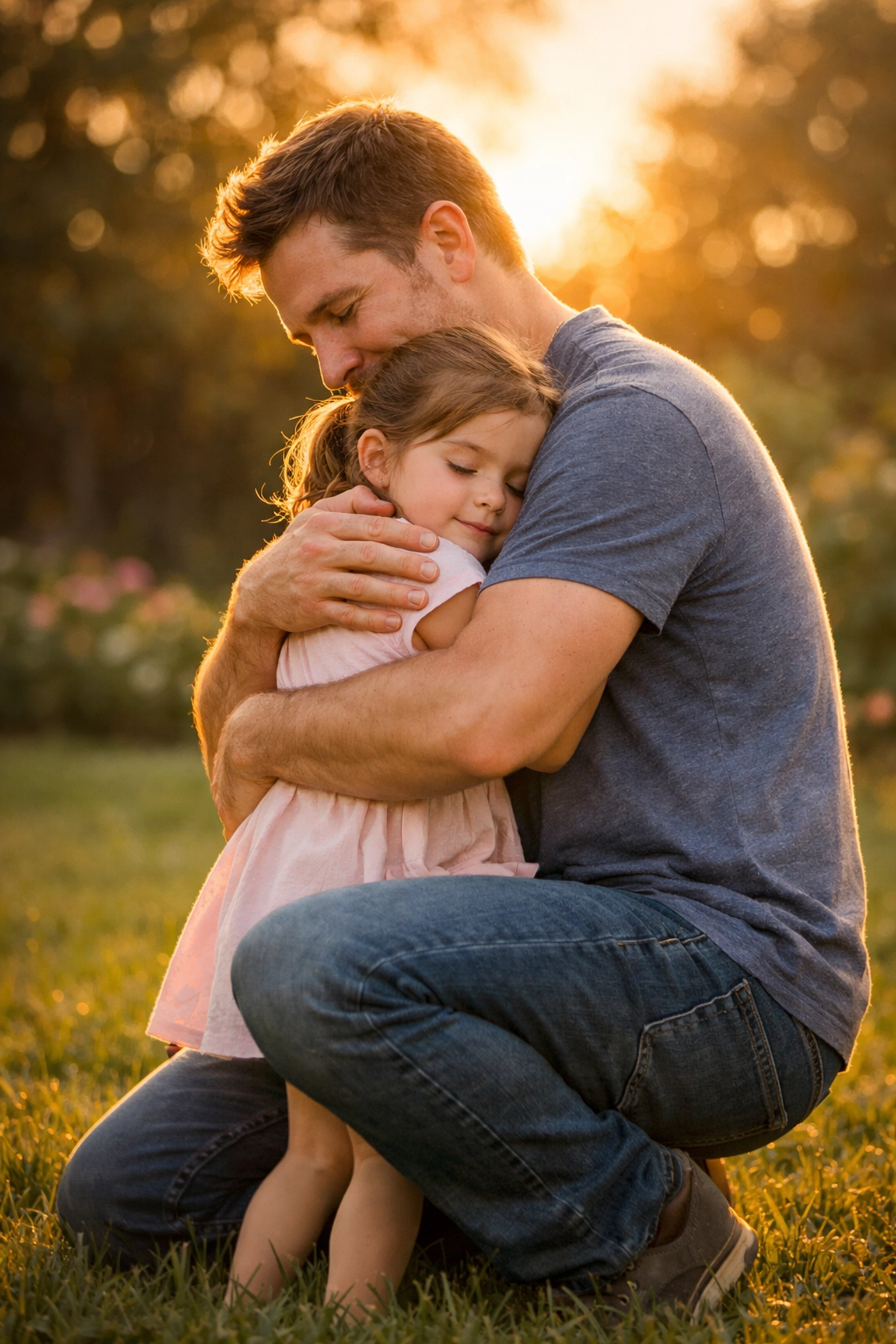 Father hugging daughter to provide emotional security within an intentional parenting framework.
