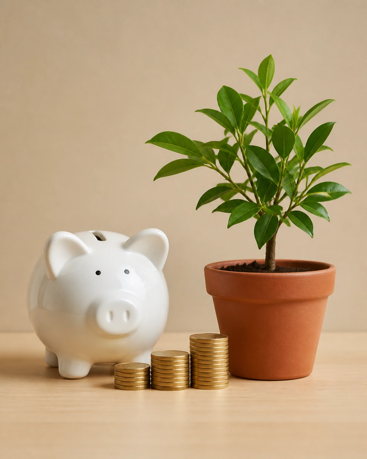 A white piggy bank next to a small green plant, symbolizing growth and professional financial planning.
