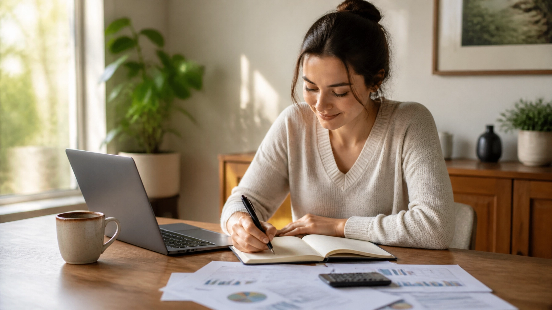 A woman sitting at a tidy table writing in a finance journal beside a simple budget sheet and coffee, reflecting quietly in soft sunlight.