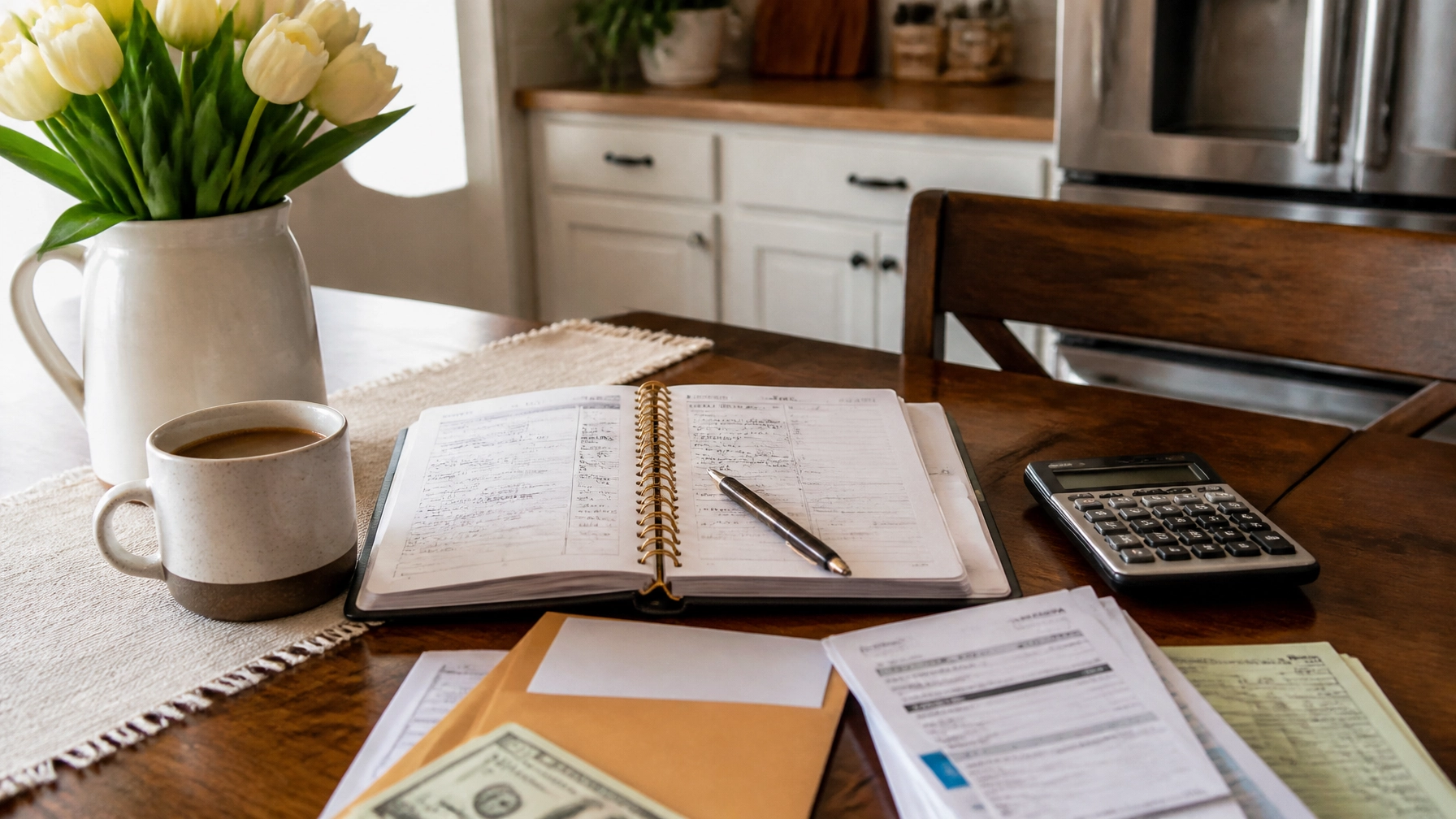 Budget planner, calculator, envelopes, and bills organized neatly on a kitchen table