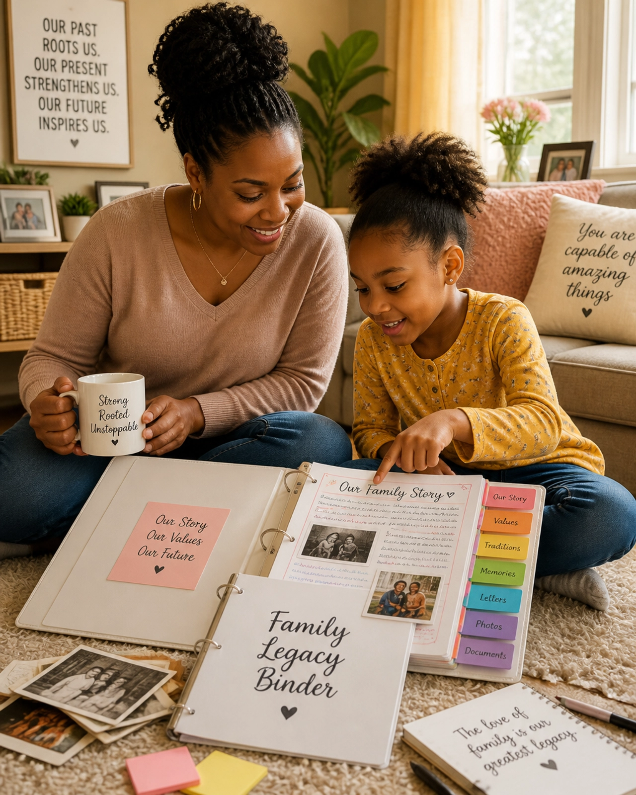 A single mother and daughter working on their family binder together in a sunlit room