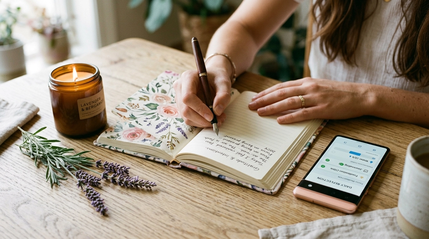 Close-up of hands writing in a journal with a phone nearby